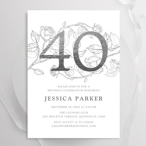 Elegant Silver White 40th Birthday Invitation