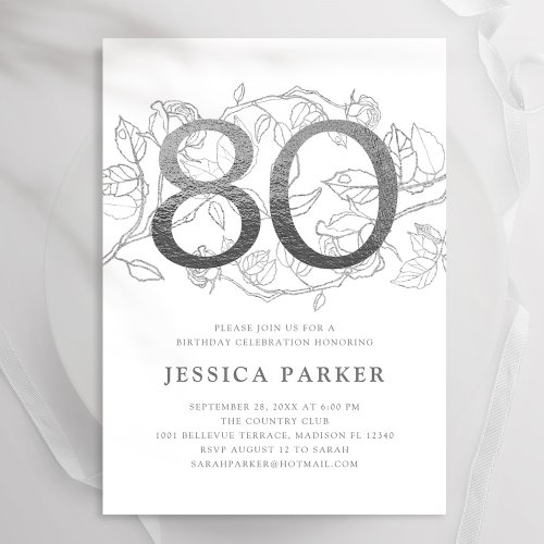 Elegant Silver White 80th Birthday Invitation