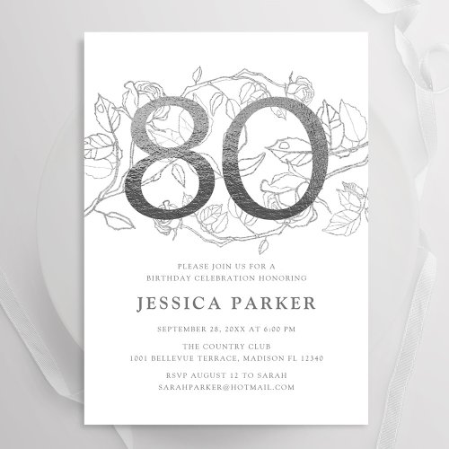Elegant Silver White 80th Birthday Invitation