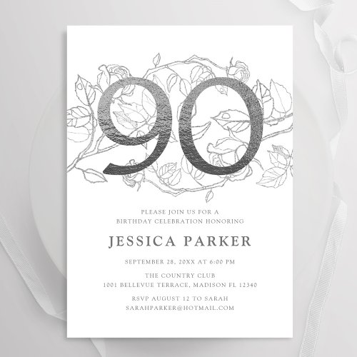 Elegant Silver White 90th Birthday Invitation