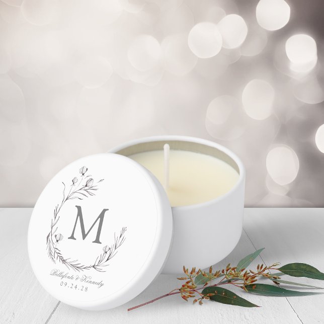 Elegant Silver White Botanical Wreath Monogram Mini Candle Favors (Elegant Silver White Botanical Wreath Monogram Mini Candle Favors)