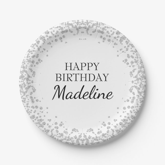 Elegant Silver White Diamond Glitter Birthday Paper Plates (Front)
