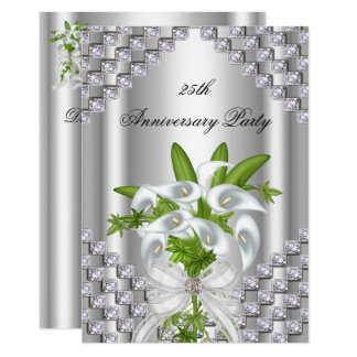 Elegant Silver White Floral 25th Anniversary Party Invitation