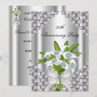 Elegant Silver White Floral 25th Anniversary Party Invitation