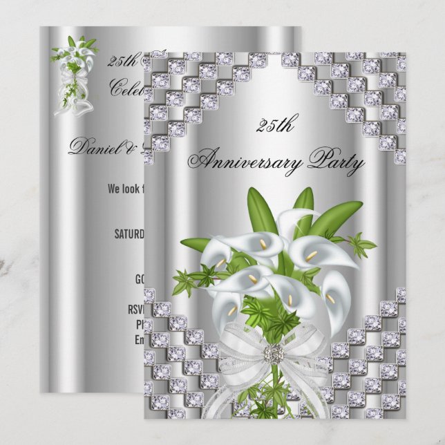 Elegant Silver White Floral 25th Anniversary Party Invitation (Front/Back)