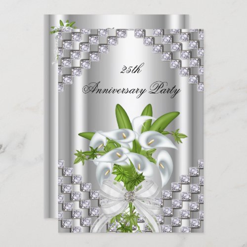 Elegant Silver White Floral 25th Anniversary Party Invitation