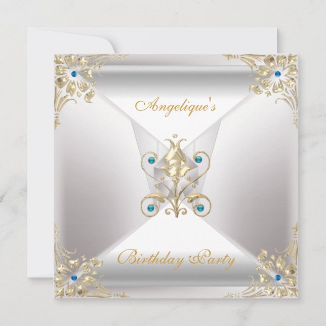 Elegant Silver White Gold Blue Jewel Birthday Invitation (Front)