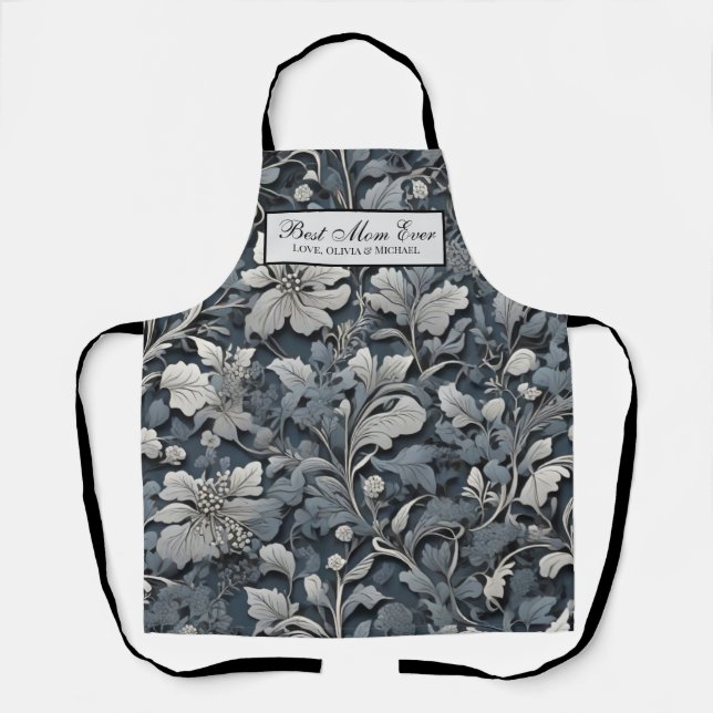 Elegant silver white gray floral apron (Front)
