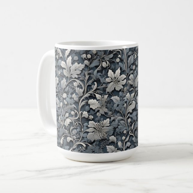 Elegant silver white gray floral coffee mug (Front Left)