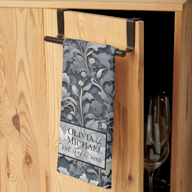 Elegant silver white gray floral kitchen towel (Thirds Fold)