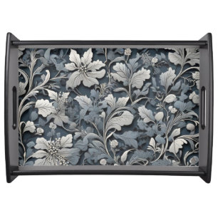 Elegant silver white gray floral serving tray