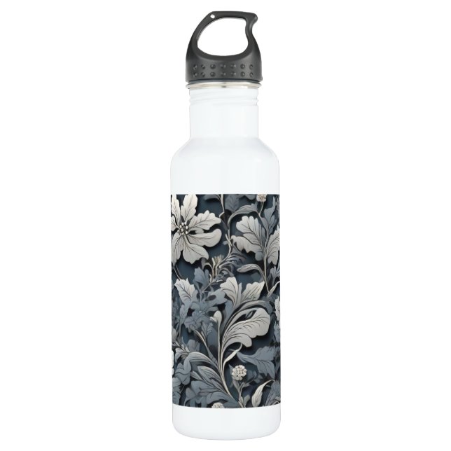 Elegant silver white gray floral stainless steel water bottle (Front)
