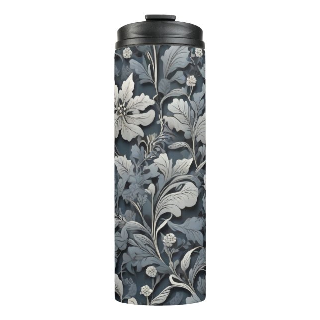 Elegant silver white gray floral thermal tumbler (Front)