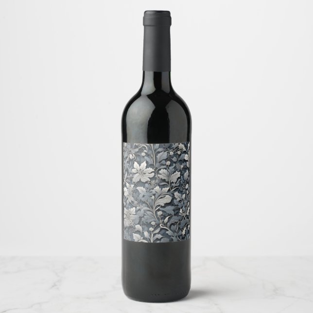 Elegant silver white gray floral wine label (Front)