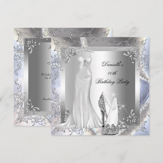 Elegant Silver White High Heel Shoe Birthday Party Invitation (Front/Back)