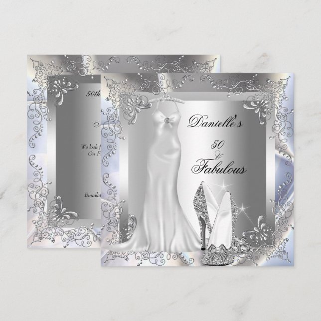 Elegant Silver White High Heel Shoe Fabulous 50 Invitation (Front/Back)