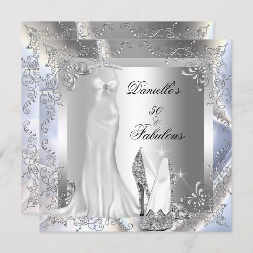 Elegant Silver White High Heel Shoe Fabulous 50 Invitation