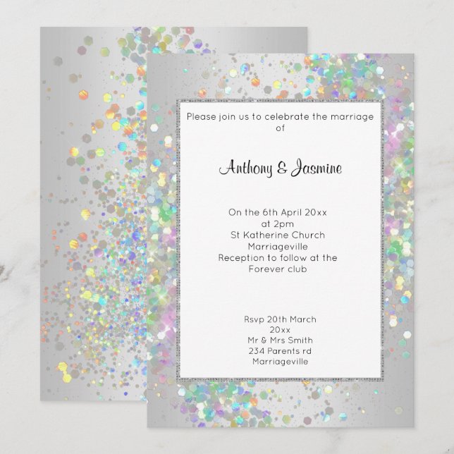 ELEGANT SILVER WHITE HOLOGRAPHIC PASTEL WEDDING  INVITATION (Front/Back)