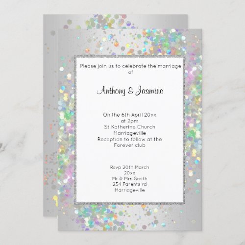 ELEGANT SILVER WHITE HOLOGRAPHIC PASTEL WEDDING INVITATION