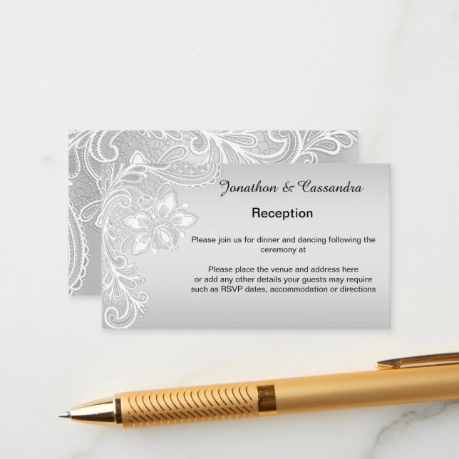 ELEGANT SILVER WHITE LACE ENCLOSURE CARD (Front/Back In Situ)