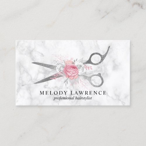 Elegant silver white marble scissors hairstylist business card