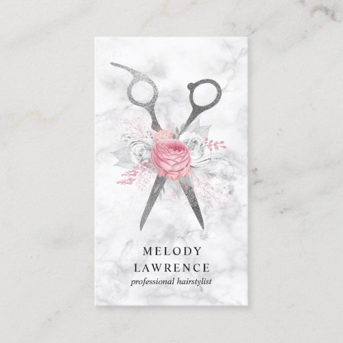 Elegant silver white marble scissors hairstylist business card