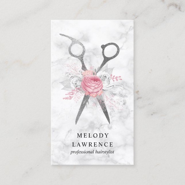 Elegant silver white marble scissors hairstylist business card (Front)