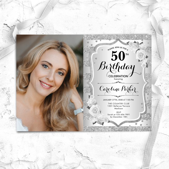 Elegant Silver White Photo 50th Birthday Invitation (Creator Uploaded)