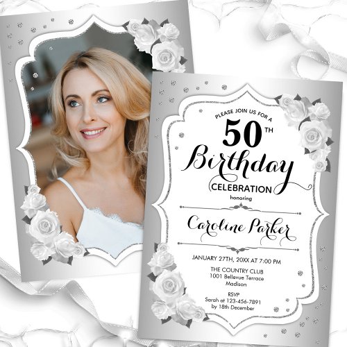 Elegant Silver White Photo 50th Birthday Invitation