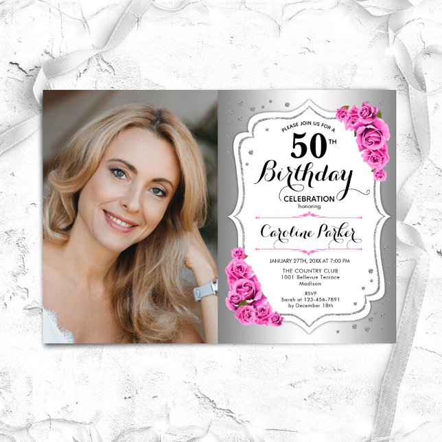 Elegant Silver White PinkRoses Photo 50th Birthday Invitation (Creator Uploaded)