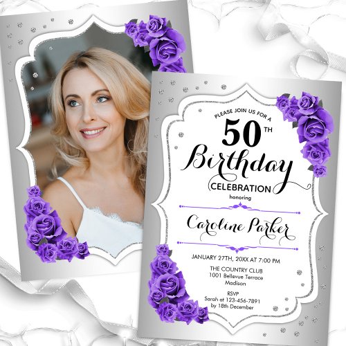 Elegant Silver White Purple Photo 50th Birthday Invitation