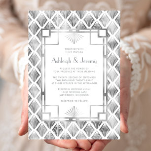 Elegant Silver White Vintage Deco Pattern Wedding Invitation