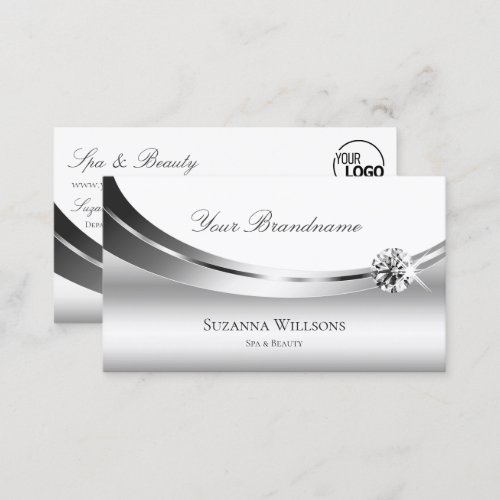 Elegant Silver White with Logo and Sparkle Diamond Business Card