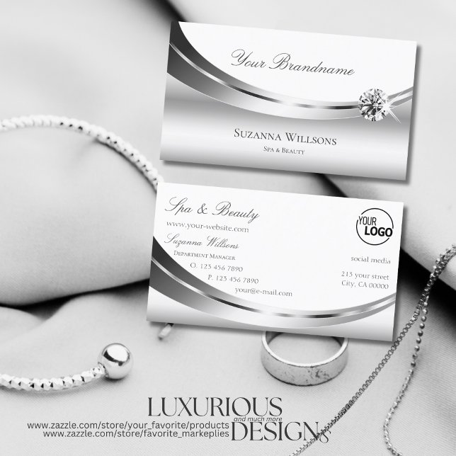 Elegant Silver White with Logo and Sparkle Diamond Business Card (Creator Uploaded)