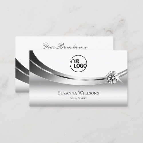 Elegant Silver White with Logo and Sparkle Diamond Business Card