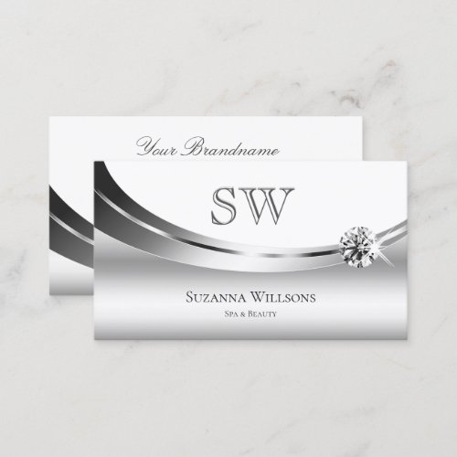 Elegant Silver White with Monogram Sparkly Diamond Business Card