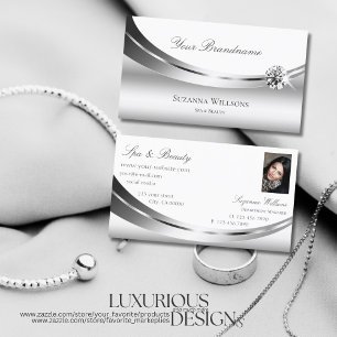Elegant Silver White with Photo and Diamond Modern Business Card