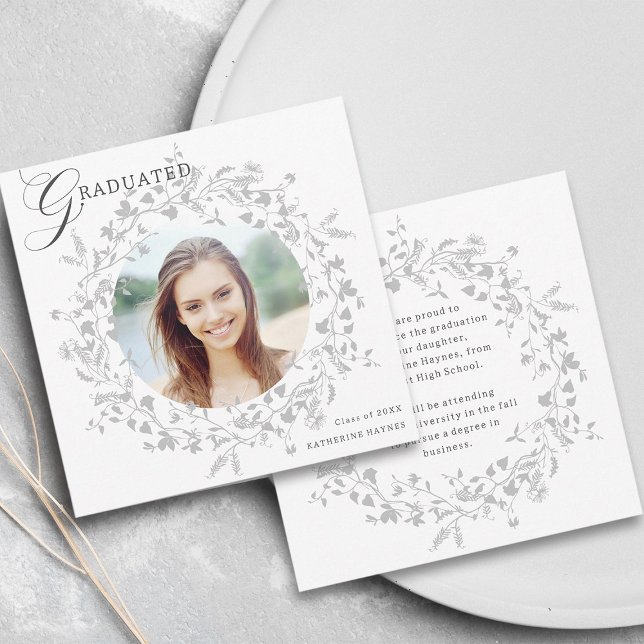 Elegant Silver Wildflower Wreath Graduation Announcement (Front & Back)