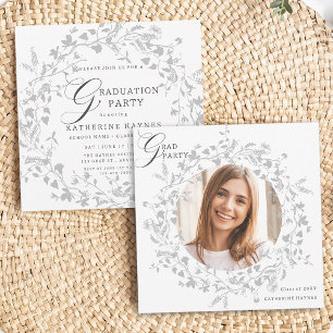 Elegant Silver Wildflower Wreath Graduation Invitation