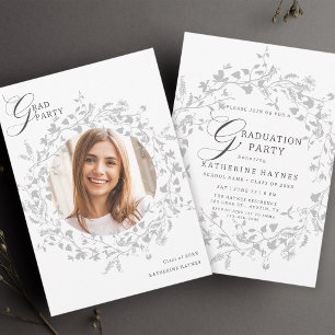 Elegant Silver Wildflower Wreath Graduation Invitation