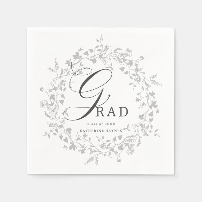 Elegant Silver Wildflower Wreath Graduation  Napkins (Front)