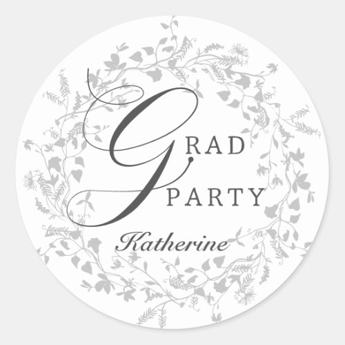 Elegant Silver Wildflower Wreath Graduation Party Classic Round Sticker