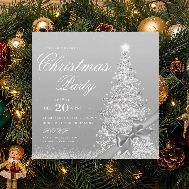 Elegant Silver Winter Christmas Tree Bow  Invitation (Elegant Silver Winter Christmas Tree Bow Invitation)