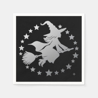 Elegant Silver Witch Flying on Broomstick Hallowen Napkins