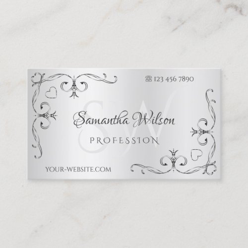 Elegant Silver with Initials Ornate Corner Borders Business Card