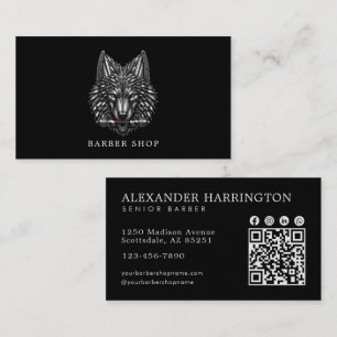 Elegant Silver Wolf Barber Shop Qr Code Hair Pro Business Card