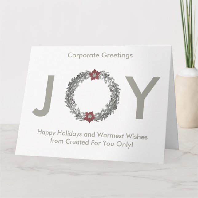 Elegant Silver Wreath Happy Holidays Corporate Card (Front)