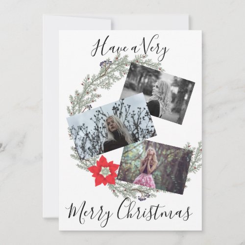 Elegant Silver Wreath  Red Poinsettia Photo Holiday Card