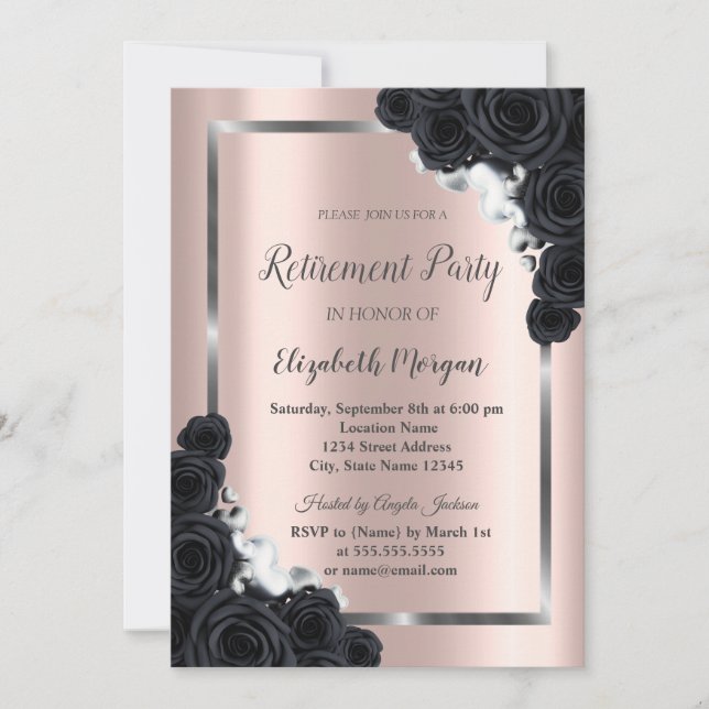 Elegant SilverFrame,Black Roses Retirement  Invitation (Front)