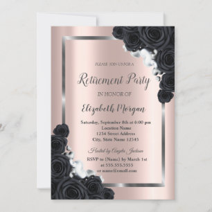 Elegant SilverFrame,Black Roses Retirement Invitation